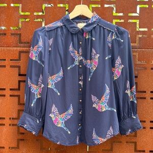 Maeve Lightweight Button Down Shirt with Ruffle Details and Floral Bird Print